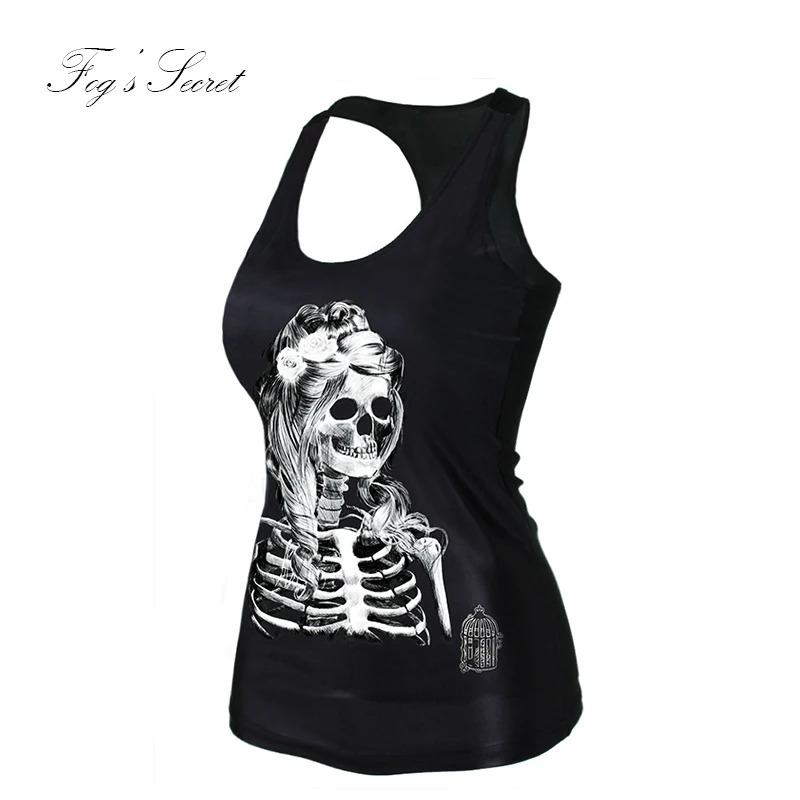 Women Black sleeveless shirt For Student Girl Tops breathable Slim vest For Female skull ghost
