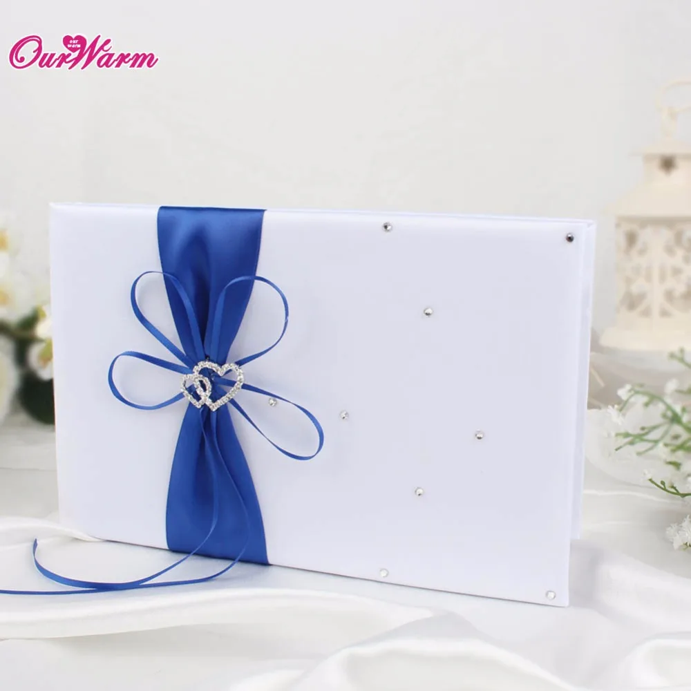 

OurWarm Wedding Guest Book Many Color Double Heart Satin Guest Book with Rhinestone Diamond for Wedding Party Decoration