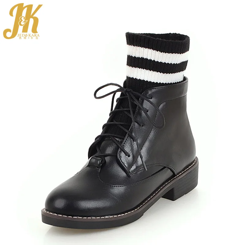 

JK Low Heels Ankle Women Boots Round Toe Knitting Cross Tied Footwear Pu Female Boot Stretch Casual Girl Shoes Women 2018 Winter