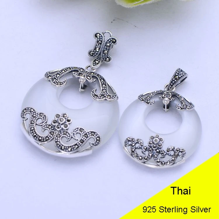 

White Opal 925 Sterling Silver Retro Marcasite Necklace Pendant Men & Women Thai Silver Fine Jewelry Lover Gift CH024454