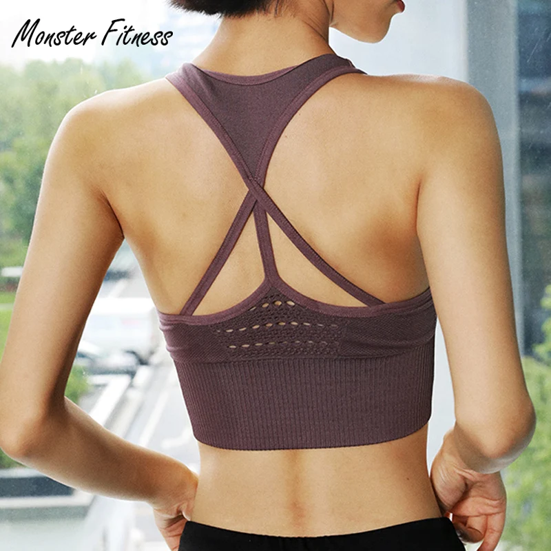 Tanie Monster Women jednolity biustonosz sportowy do siłowni Fitness joga do biegania Pad krótki top top sportowy topy sportowy biustonosz bezszwowy dla kobiet