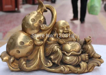 

13" Chinese Bronze Wealth Yuanbao Happy Laugh Maitreya Buddha Calabash Statue