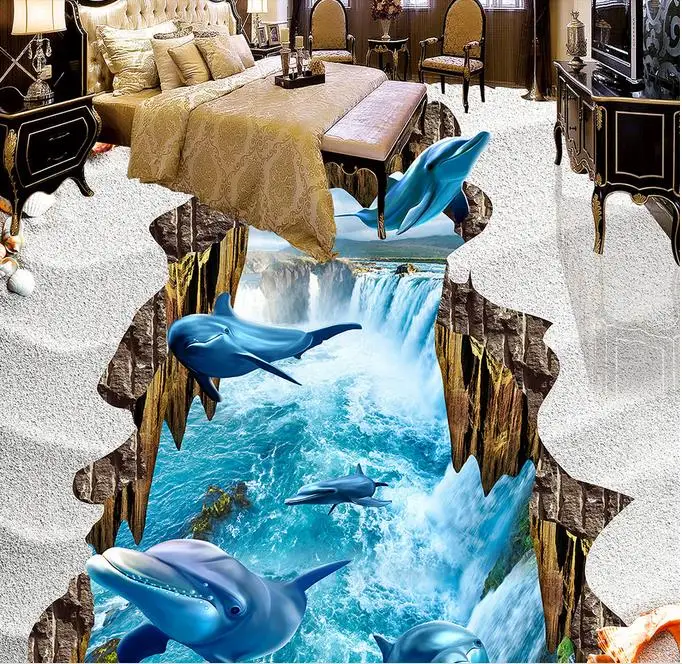 Personnalisé 3d peinture sol Dauphin Chutes pvc vinyle plancher