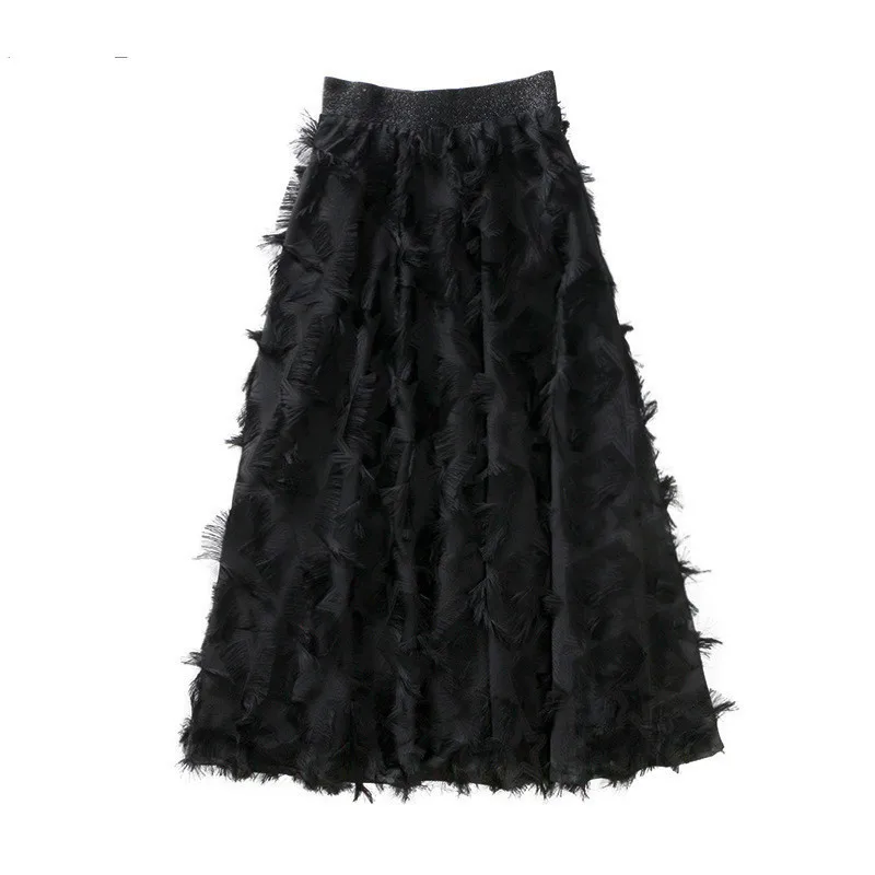 

[EWQ] New Summer 2019 Fashion black feather fringed back zipper elastic waist big hem loose A-line skirt women QD254