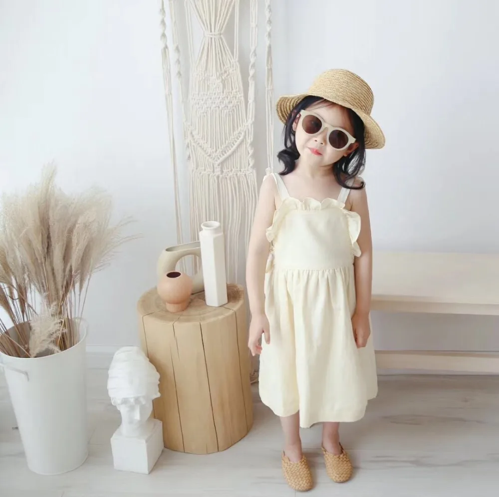 

kids dresses Romantic summer dress solid color bow tie strap dress lovely baby girls clothes Cotton&linen comfortable fabric