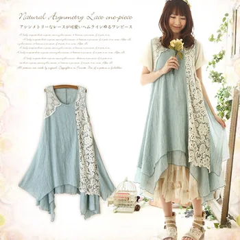 

Harajuku Mori Girl Dress Women Clothing Ruffle Loose Lace Patchwork Elegant Vantage Lolita Long Female Cotton Linen Dresses A031