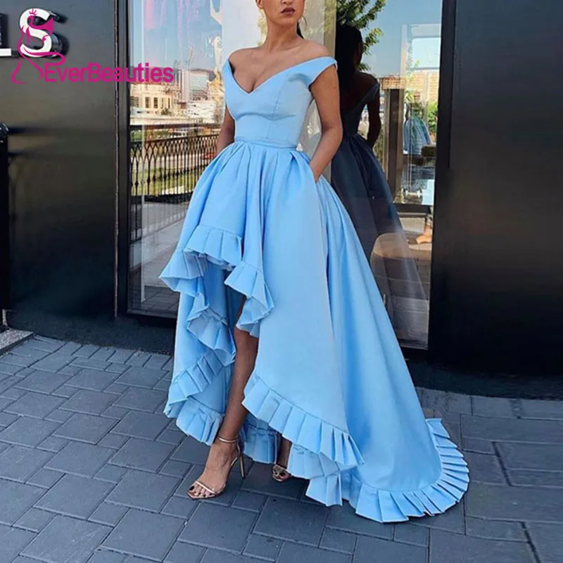 

Long Evening Dresses Satin Blue Robe De Soiree 2019 V-Neck Asymmetrical Evening Party Dresses Formal Dress