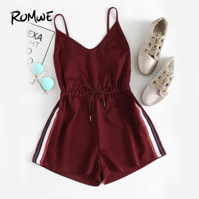ROMWE контрастный полосатый ленточный комбинезон, летняя пляжная одежда, женский комбинезон без рукавов, бордовый комбинезон на завязках