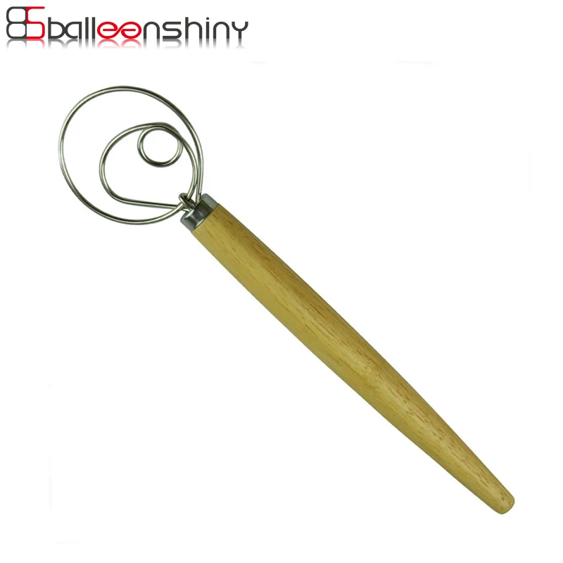 

BalleenShiny Dough Whisk Eggs Beater Mixer Tool 13 Inch Oak Wood Handle Stainless Steel Blender for DIY Bread Dough Bakeware
