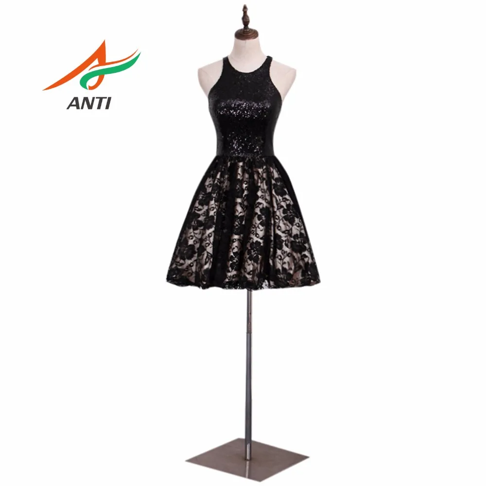 

ANTI Black A-Line Prom Dresses Scoop Sleeve Sequined Prom Gowns Lace Tank Above Knee Mini Vintage Graduation Party Dresses Robe