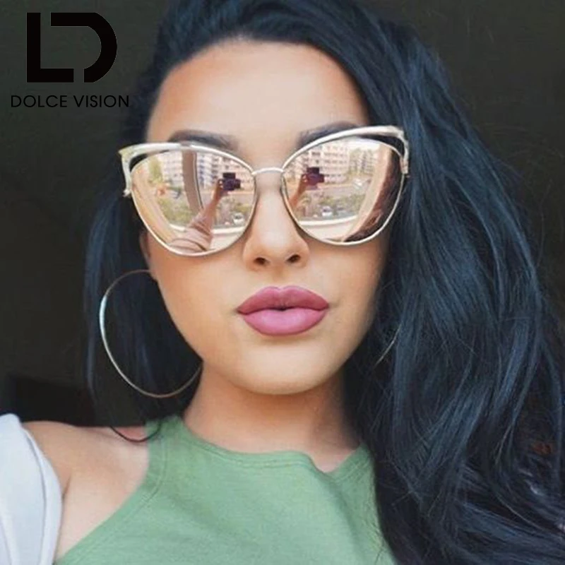 

DOLCE VISION Mirror Pink Cat Eye Sunglasses Women Gold Metal Fashion Eyewear UV400 Hot Sales Brand Designer Oculos Women Shades