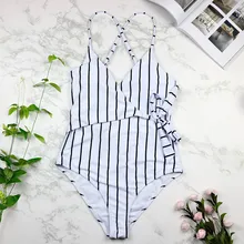 KEKAKA Плюс Размер черно-белая полоса цельный купальник летний сексуальный глубокий v-образный вырез открытая спина Дамский пляжный купальный костюм Купальники