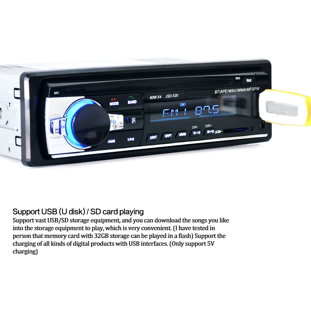 Multifunction BT Vehicle Car Stereo Radio Audio Player Receiver In-Dash FM Aux Input WMA WAV MP3 Player with SD / USB Port