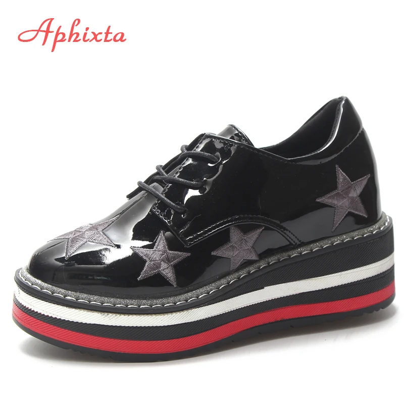 

Aphixta Flat Platform Shoes Woman Embroider Star Shoes Patent Leather Women Flats Shoe Colorful Ladies Shoes Lace-Up Footwear