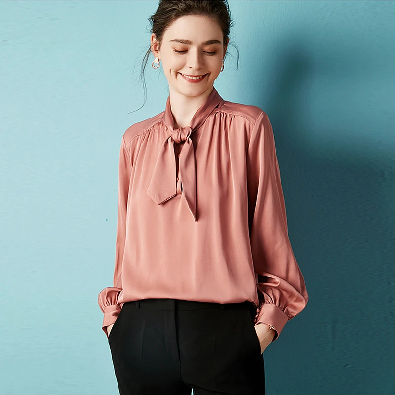 100 Silk Blouse Women Shirt Solid Plus Sizes Elegant Style Bow Neck