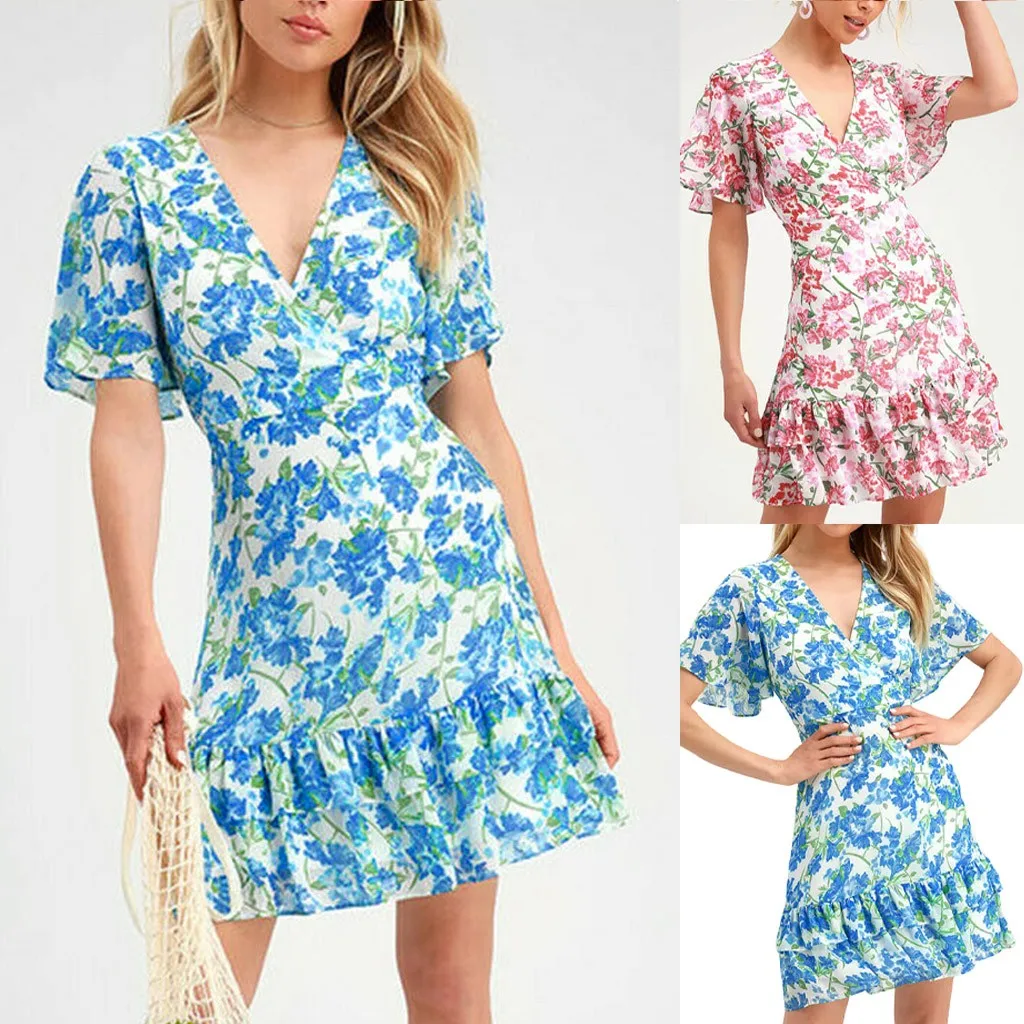 Женское короткое платье с цветочным принтом Boho повседневное мини коротким