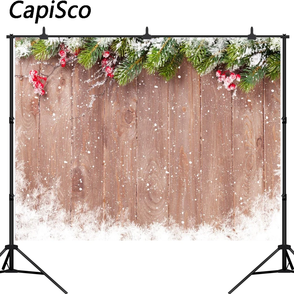 

Capisco Christmas backdrop Wooden background snowflake pine branches red fruit photography backdrops christmas decoration