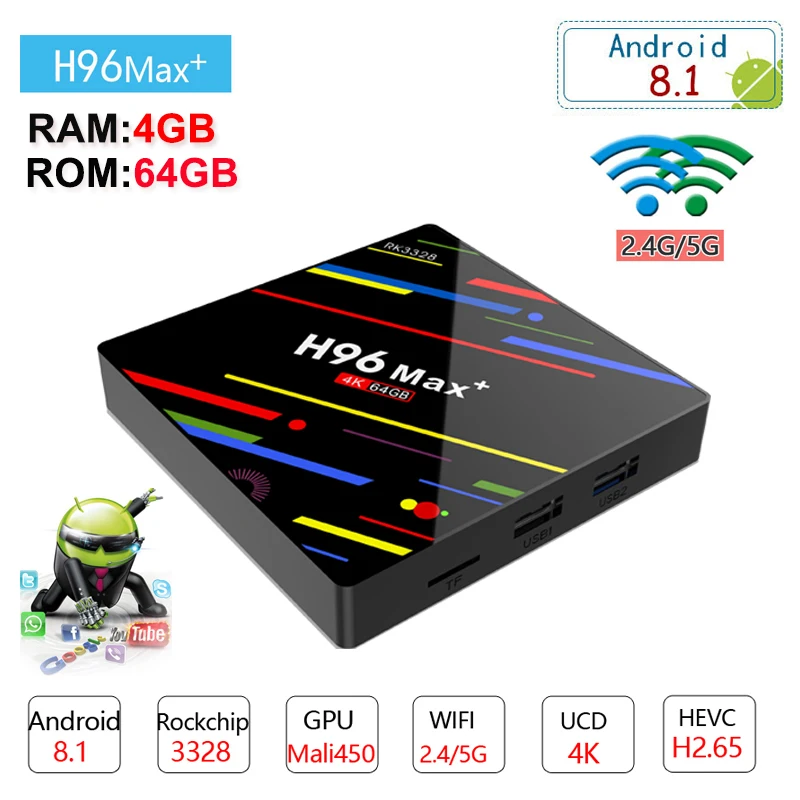 

H96 max plus android tv box 4gb ram 64gb rom Rockchip RK3328 QuadCore VP9 2.4G/5G Dual WIFI Bluetooth 4.0 4K H.265 Media Player