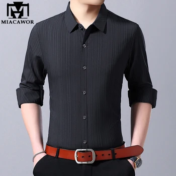 

MIACAWOR 2019 New Men Shirt Fashion Solid Striped Casual Shirts Slim Fit Dress Shirt Long Sleeve Camisa Masculina C434