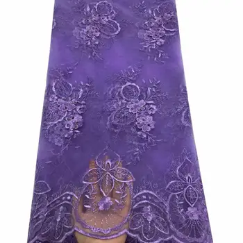 

High Quality Embroidery African Lace Fabric Cord French Net Lace Tulle Nigerian Lace Fabrics Guipure Purple Gold Line Lace