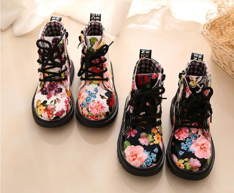Унисекс хлопковые ботинки с подкладкой Детская мода Цветочный принт на плоской подошве на шнурках Мартенс загрузки Дети PU кожаные ботинки#14 Демисезонный