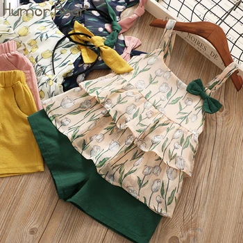 

Humor Bear 2019 Summer Girls' Suit Layered Chiffon Flower Printed Sling Bow Tops and Shorts Two-piece Suit Kids Clothing Set