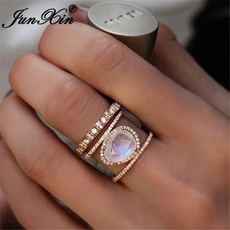 JUNXIN Бохо Rainbow опал кольца для Для женщин Для мужчин серебро/14KT Rose Gold Filled Овальный Лунный камень кольцо женские свадебные стекируемые миди кольцо