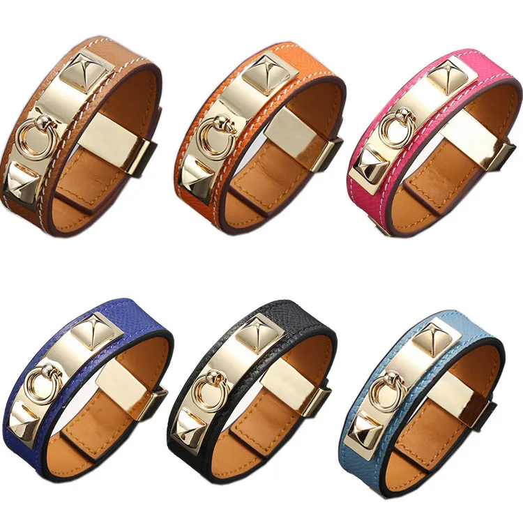 

Fashion top quality titanium steel Leather Bracelet wholesale medium width double rivet real Leather Bracelet for women