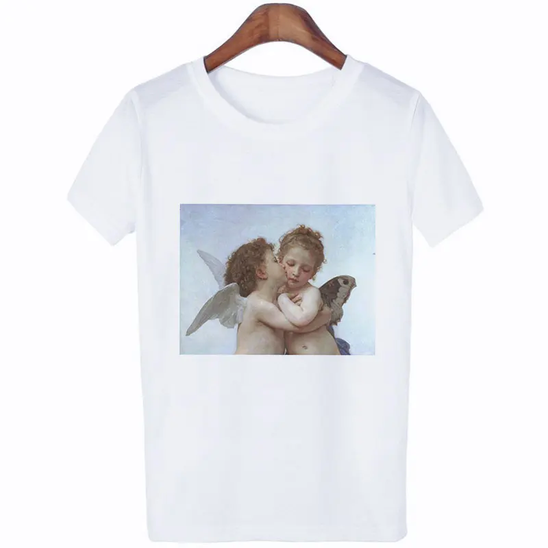 مايكل أنجلو الملاك قمم الأزياء Kawaii الملاك قبلة الجرافيك تيز مضحك فان جوخ الفن شعرية المطبوعة التي شيرت النساء فضفاضة الملاك قميص