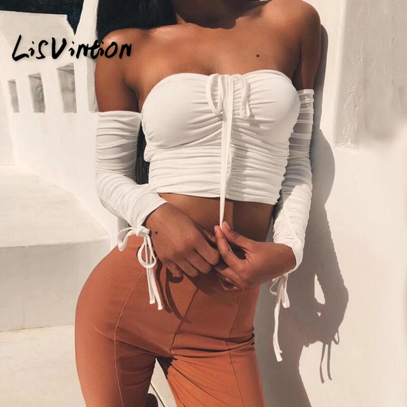 

LisVintion Sexy Off Shoulder Crop Tops Women Long Sleeve T shirt Lace Up Slash Neck Ladies Tops Party Clubwear Spring Autumn