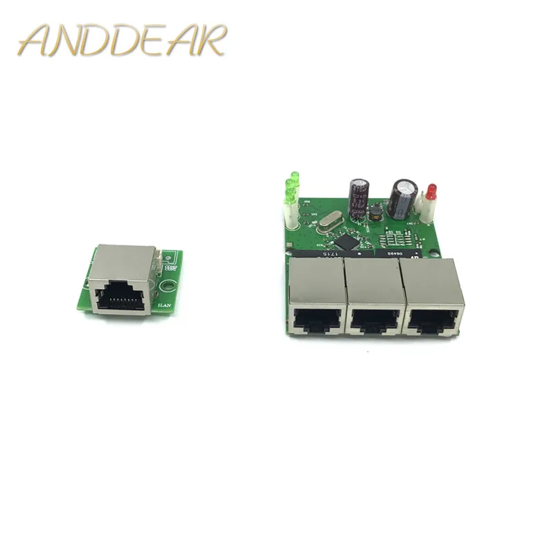 

OEM factory direct mini fast 10 / 100mbps 3-port Ethernet network lan hub switch board two-layer pcb 3 rj45 5V 12V head port