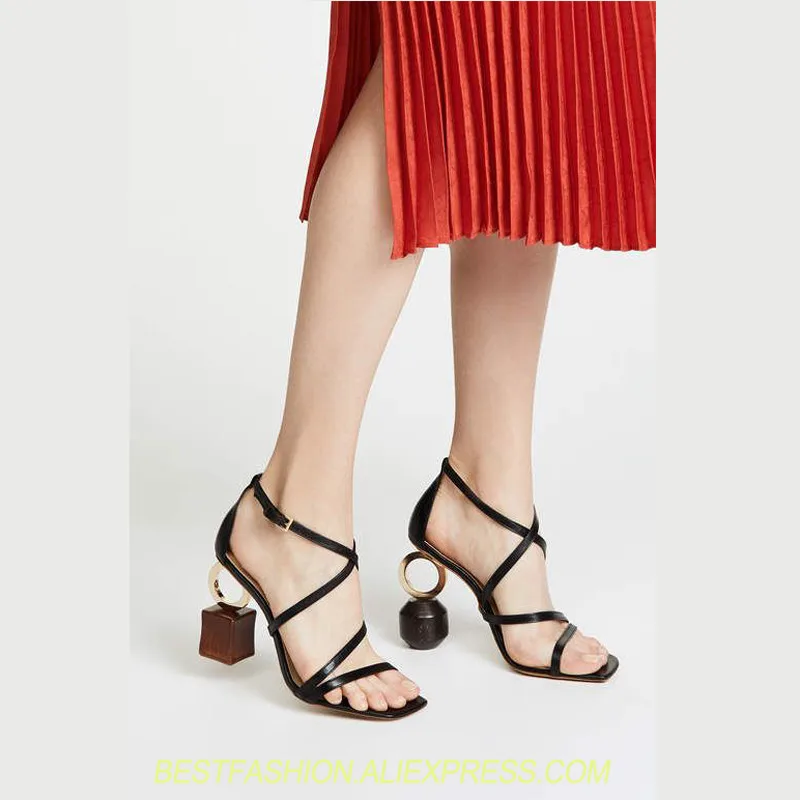

Luxury Brand Shoes Women Irregular Heel Sandals Runway High Heels Novelty Strange Style Chunky Genuine Leather Sandals Size 41