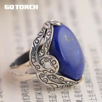 

GQTORCH Vintage Natural Stone Ring 925 Sterling Silver Jewelry Antique Retro Type Lapis Inlaid Hollow Flower Engraved