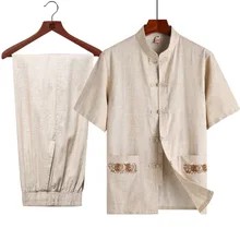 Традиционный костюм кунг-фу Летний мужской классический короткий рукав рубашка и брюки Тай Чи набор винтажная мужская одежда плюс размер 3XL 4XL