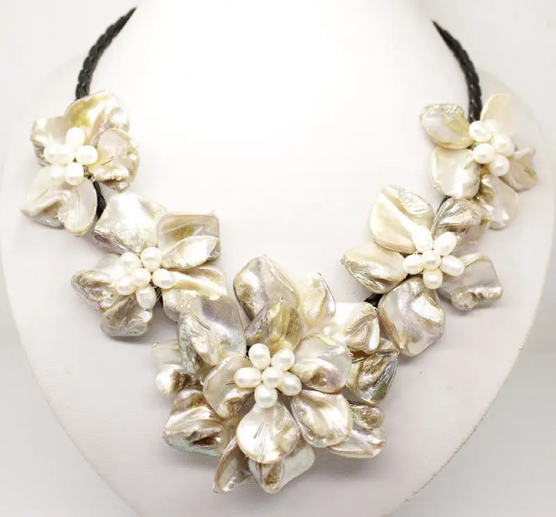 Free shipping Wholesale Cheap Classic baroque freshwater cultured pearl shell flower leather weave necklace