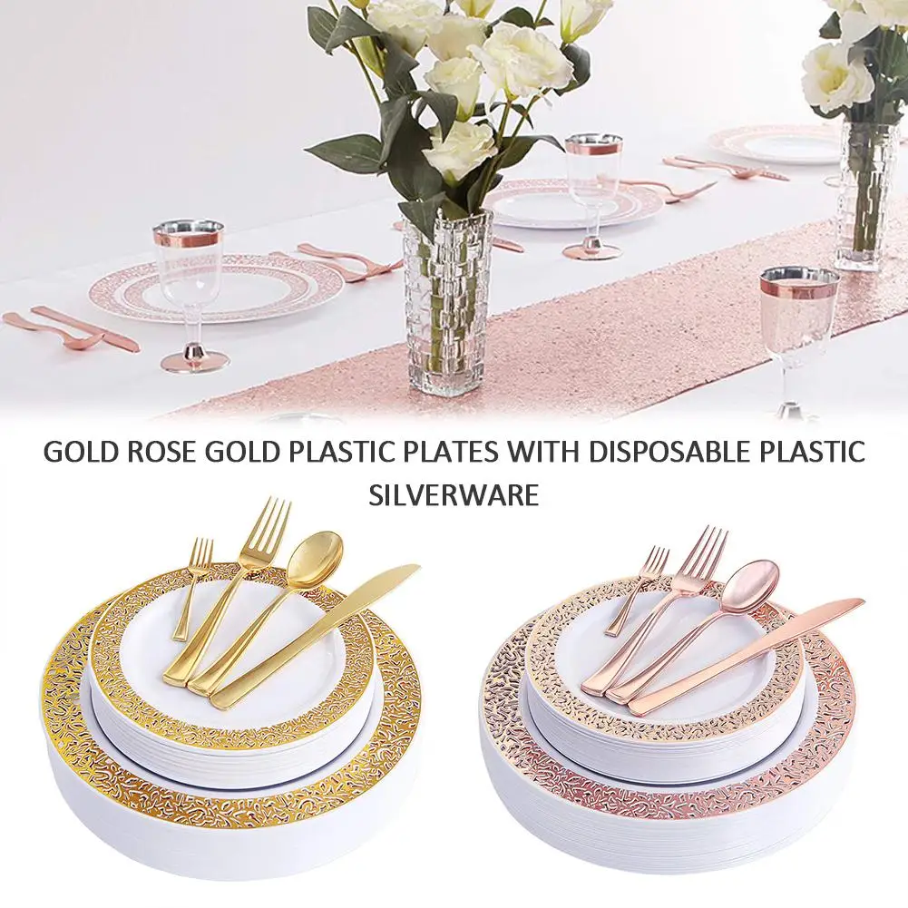 

25 PCS Disposable Tableware Sets Environmentally Protection Plastic Lace Cutlery Set For Party Birthday Dinner Party Supplies