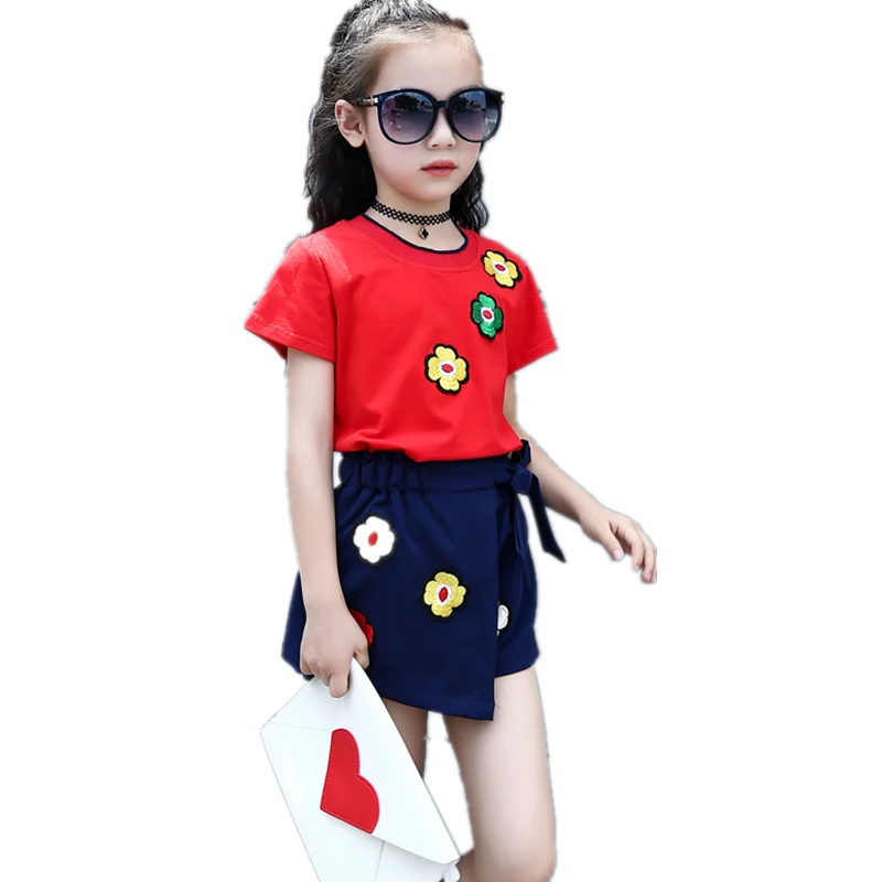 

2018 Brand Summer Girls Embroidery Flower Sport Clothes Set T-shirt+Pants Kid School Cute Princess Perform Cotton Clothes Set