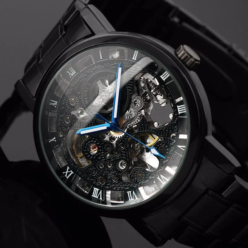 

2018 new black men watch stainless steel skeleton steampunk ancient casual automatic skeleton mechanical watches men 10