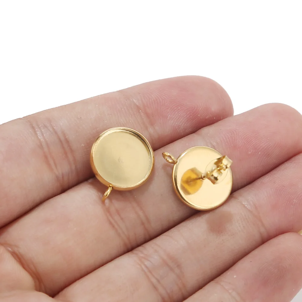 

10pcs Stainless Steel Gold Earring Posts Studs Setting Bezels Cabochons Tacks with Loop 12mm Glue Pad Setting Perpendicular Loop