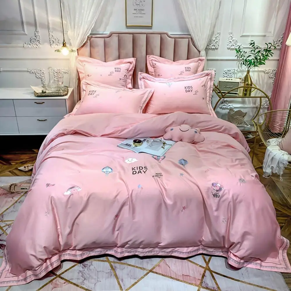 

2019 Pink Kids Rainbow Balloons Bedding Set Embroidery Egyptian Cotton Bedlinens Queen King Size Duvet Cover Set Cushion Covers