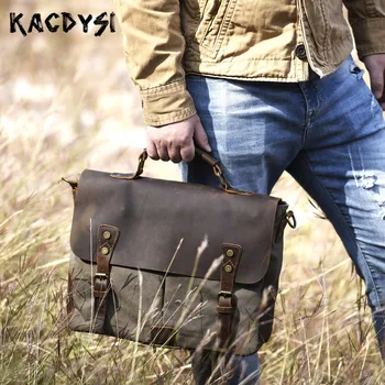 

Vintage Crazy Horse Leather Canvas Bag Men's Handbag Retro Large Shoulder Bag High Quality Casual Messenger Bag Male Message bag