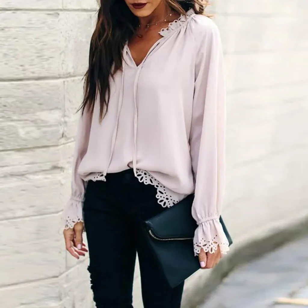 

Women Blouses Floral Lace Long Sleeve V Neck Chiffon Blouse Shirt Top Flared Tunic Ladies Blouses Tunique Femme Female Blusas