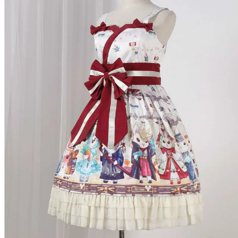 

Cute Cartoon Rabbit Print Dress Lolita Japanese Sweet Style Strap JK Dresses Lolita Dress Strap Girl Bow of Shoulder And Waist