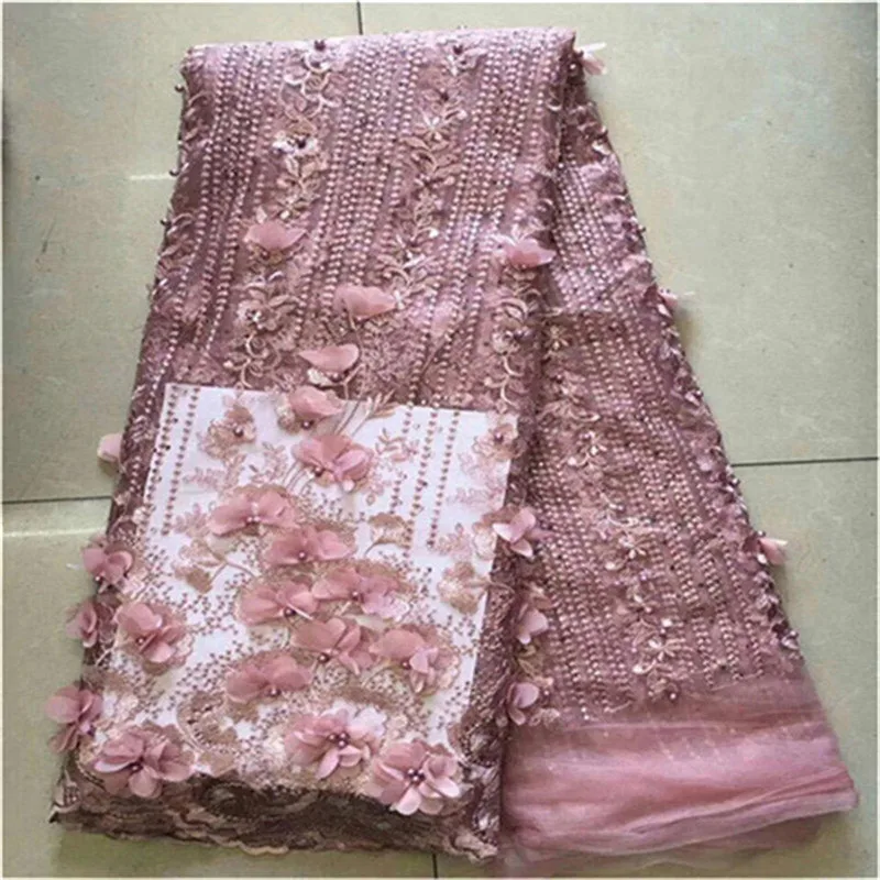 

African Lace Fabric 2019 stones High Quality pink 3D Lace Onion Color French Tulle Lace Fabrics With Beaded For African Parties