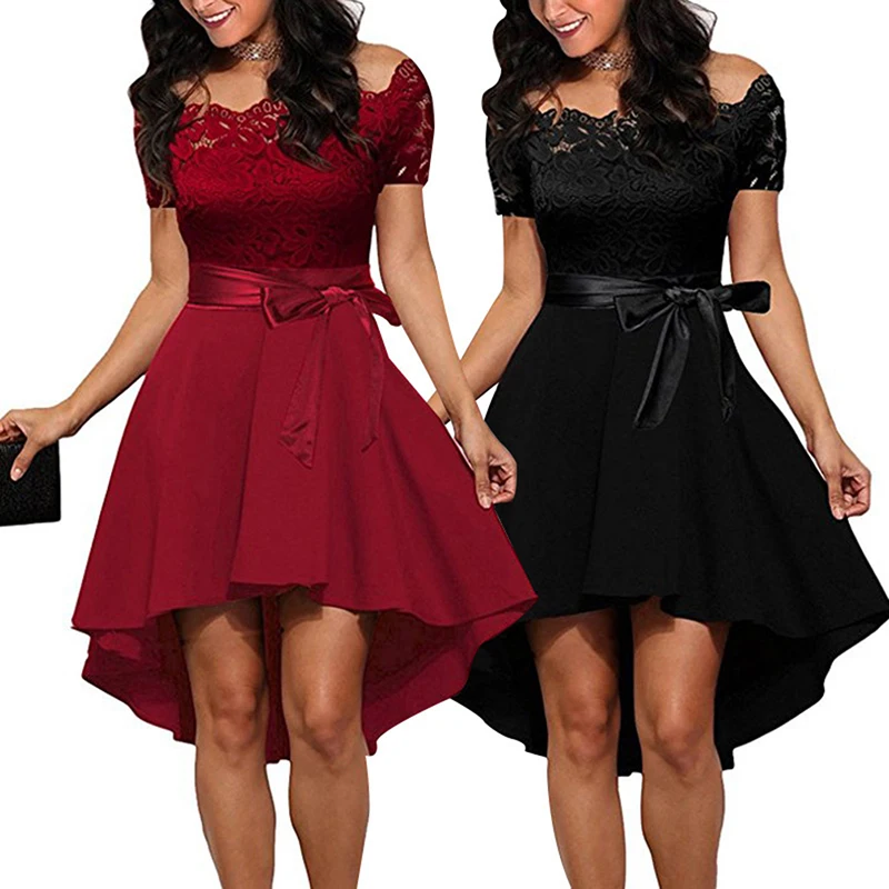 

Hot Sale Lace Patchwork Party Dress Women Summer Sexy Off Shoulder Bowknot Belt Lace Dresses Lady Elegant Vestidos