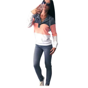

Woman Set Long Sleeve Turtleneck Elastic Waist Full Pants Female Two Sport Sets Spring Autumn Color Block 2 Sets