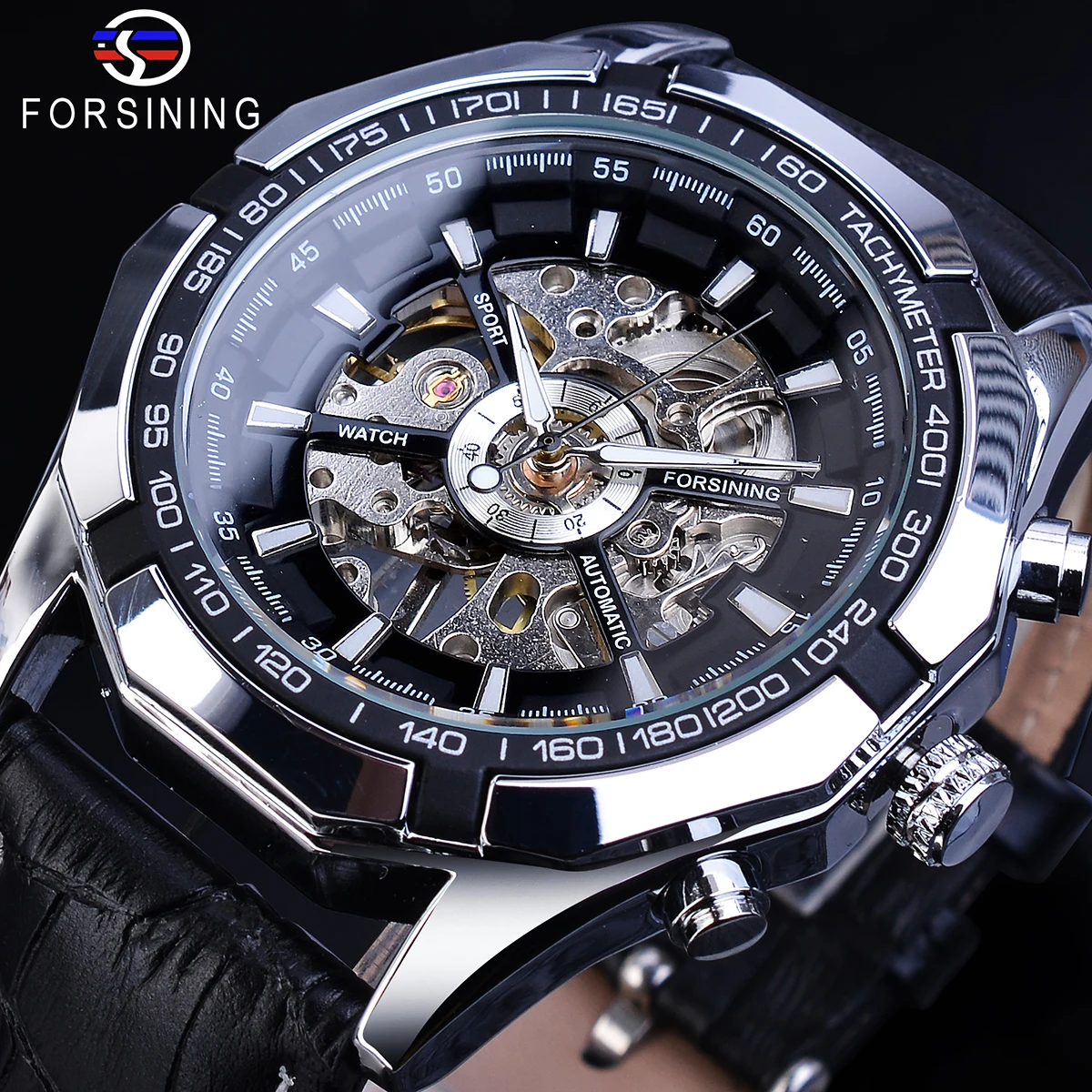 

Forsining Male Mechanical Watches Hollow Black Genuine Leather Wristwatch Glow Hands Racing Mens Students Hand Wind Watch Clock