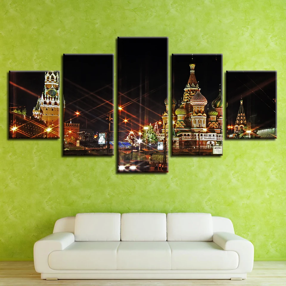

Wall Art Canvas Picture Frame HD Printed 5 Pieces Saint Basil'S Cathedral Building Night View Painting Modular Decor Living Room