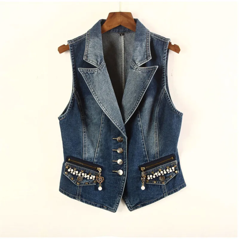 

3XL Plus Size Slim Jean Vest For Women Denim Jacket New Fashion Beaded Button Sleeveless Waistcoat Female Summer Korean Cardigan