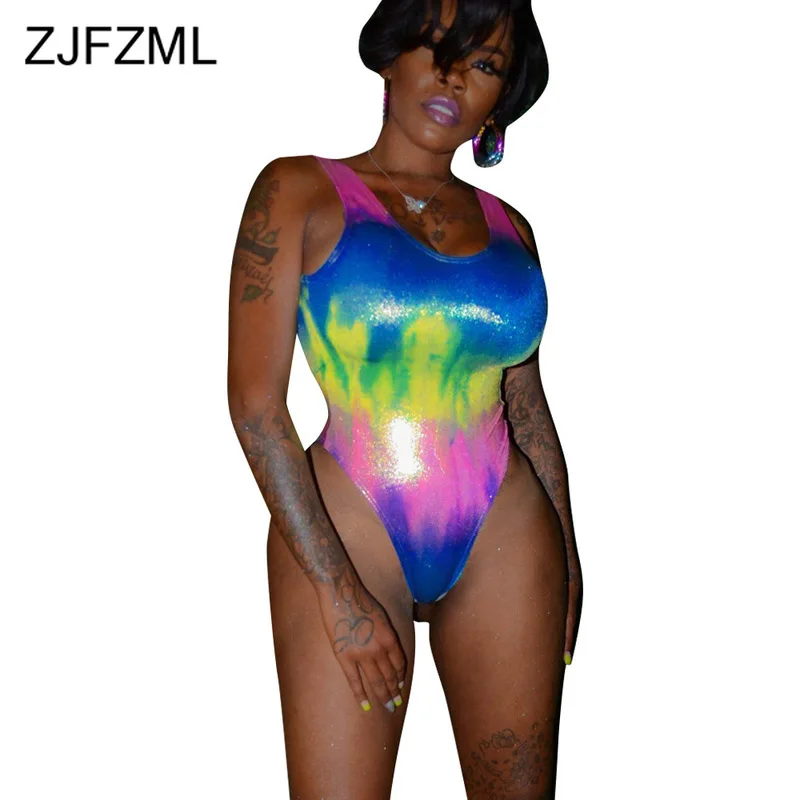 

Rainbow Tie Dye Print Skinny Bodysuit Women Sexy Scoop Neck Sleeveless One Piece Overall Summer Open Back Beach Bodycon Playsuit